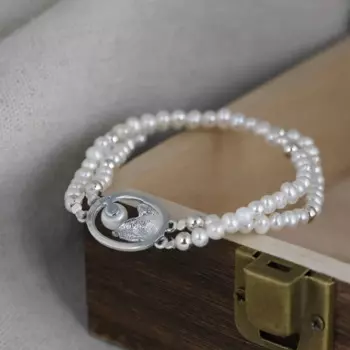 FNJ 925 серебряный браслет для женщин ювелирные изделия из жемчуга 4 мм пресноводный и украшениями в виде цепочек и кругов из бисера оригинальный S925 стерлингового серебра браслеты цветок лотоса