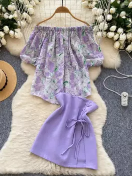 Foamlina Sweet Chic Одно слово на плечах с объемными рукавами Свободный топ с цветочным принтом + бретели Юбка на бедрах с очень высокой талией Комплект из двух частей Юбки
