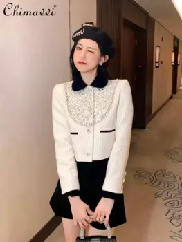 Французская элегантная светская львица со стразами и бусинами с ромбовидной пряжкой, однобортная тонкая темпераментная шерстяная короткая куртка, женский осенний топ