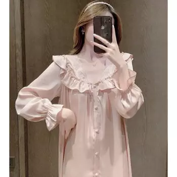 Французская кружевная ночная сорочка в стиле принцессы из ледяного шелка, Женская длинная весенне-осенняя стандартная Длинная Ночная сорочка