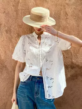 Французский элегантный шикарный Цветочный вышитый хлопковый ажурный богемный сексуальный женский праздничный Топ