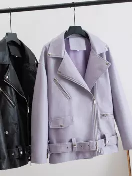 FTLZZ Женская мотоциклетная верхняя одежда, повседневная кожаная куртка на молнии с отворотом, Женская куртка из искусственной кожи с ремнем