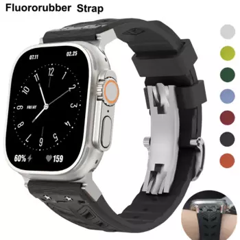 Фторкаучуковый ремешок-браслет для Apple Watch 10 9 8 7 6 SE 45 мм 44 мм 46 мм 42 мм Резиновая спортивная пряжка-бабочка Correa Quick Release
