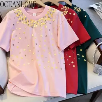 Футболка OCEANLOVE с блестками для женщин, весна-лето, корейская мода, милые женские футболки с коротким рукавом и цветами
