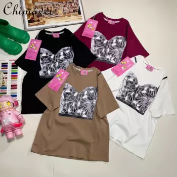 Футболка ручной работы с принтом, милая и крутая дизайнерская рубашка с бриллиантами на лямках, летняя новая модная свободная Универсальная футболка с коротким рукавом