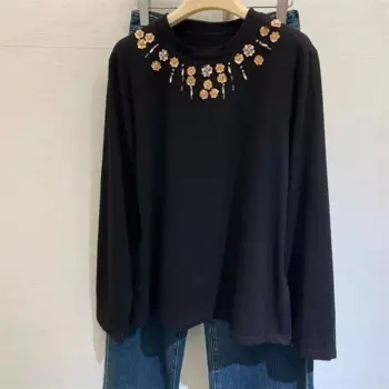 Футболка с круглым вырезом и бусинами, цвет белый