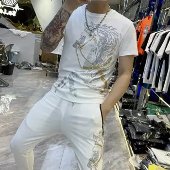 Футболка с рисунком животного, лошади, костюм из 2 предметов с коротким рукавом, мужской облегающий костюм, спортивная одежда, топы + брюки, спортивный костюм, мужской комплект