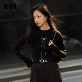 Футболка Semir с длинным рукавом женская черная, простой дизайн, зима 2023, новый стиль, индивидуальная Повседневная футболка с круглым вырезом