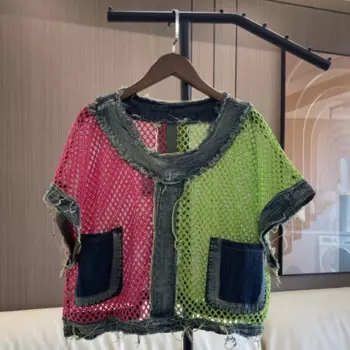 Футболка Y2k Женская свободного покроя, топ из денима с контрастной прострочкой, пикантная уличная футболка оверсайз с коротким рукавом, лето 2024