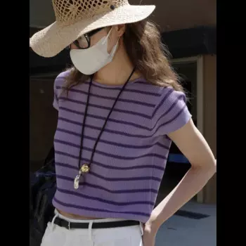 Футболка женская трикотажная в полоску, удобная приталенная рубашка в французском ретро стиле, Повседневная Удобная трикотажная сорочка с рукавами-фонариками, лето