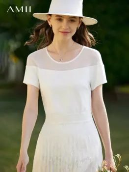 Футболки AMII в стиле минимализма для женщин, Новинка лета 2023, облегающая футболка с круглым вырезом и коротким рукавом, женская сексуальная Сетчатая футболка в стиле пэчворк, топы 12342245