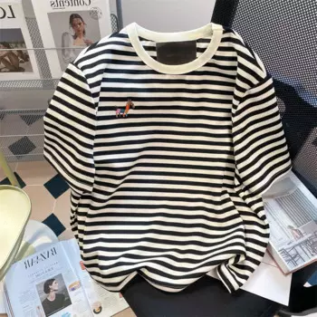 Футболки в европейском стиле с вышивкой в полоску для мужчин и женщин, летняя парная Повседневная футболка с коротким рукавом