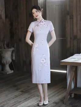 FZSLCYIYI Китайский китайский воротник жаккардовый атласный Чонсам Ретро традиционный короткий рукав Qipao повседневное вечернее платье