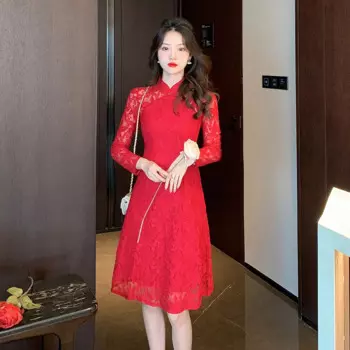 FZSLCYIYI китайское кружевное красное платье Ципао традиционное китайское ретро платье с длинным рукавом женская одежда