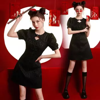 FZSLCYIYI, китайское Повседневное платье-Ципао для молодых девушек, пикантное жаккардовое платье с круглым вырезом и пышными рукавами