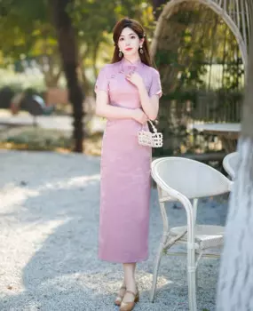 FZSLCYIYI летнее жаккардовое атласное элегантное стробое китайское платье-Ципао с коротким рукавом Ретро повседневное вечернее платье