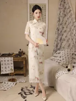 FZSLCYIYI традиционное китайское женское платье с кружевной отделкой, жаккардовое атласное вечернее платье с коротким рукавом