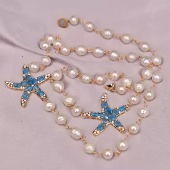 G-G Пресноводное белое рисовое жемчуг, длинная цепочка, массивное ожерелье, синий кристалл, морская звезда, кулон с разъемом CZ