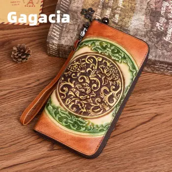 GAGACIA Новый Винтажный женский кошелек из воловьей кожи, длинный тисненый женский кошелек в этническом стиле, сумки и кошельки из натуральной кожи для карт и телефона