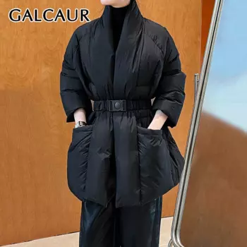 GALCAUR однотонные элегантные пальто для женщин с v-образным вырезом и длинными рукавами, высокой талией, пуховик с поясом в китайском стиле, женский дизайн