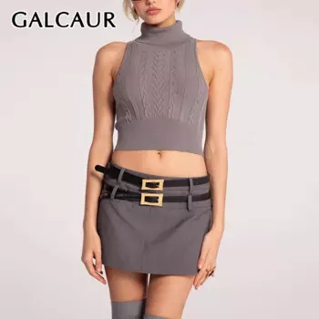 GALCAUR Streerwear, популярная женская вязаная водолазка без рукавов с открытыми плечами, короткие топы на бретелях, осенняя женская мода, стиль