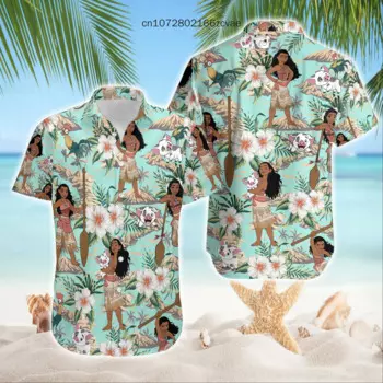 Гавайская рубашка Disney Moana and Maui, гавайская рубашка Disneyland Trip, праздничная Гавайская пляжная рубашка с коротким рукавом для отпуска Disney