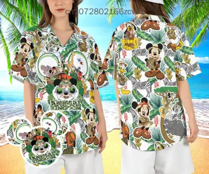 Гавайская рубашка Disney Safari, Новинка лета 2024, гавайская рубашка в стиле ретро с короткими рукавами и пуговицами, Повседневная рубашка