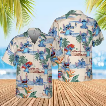 Гавайская рубашка Stitch And Lilo Surf для мужчин, гавайская рубашка Disney, Повседневная летняя рубашка с короткими рукавами и пуговицами для мужчин и женщин