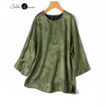 Газ 45mm 100% натуральный шелк жаккардовый жаккардовый гуандунская марля с девятью рукавами женская футболка с круглым воротником