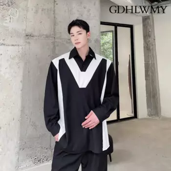 GDHLWMY осенний Новый Простой Черный и Белый контрастный пуловер с лацканами Мужская модная Корейская версия рубашка с длинным рукавом