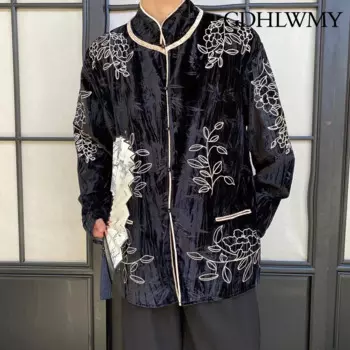 GDHLWMY Осенняя винтажная китайская бархатная вышивка с воротником-стойкой с длинными рукавами Мужская и женская рубашка куртка