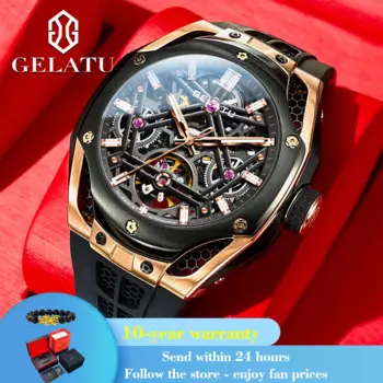 GELATU 6008, лучший бренд, полые механические часы для мужчин, синтетические сапфировые зеркальные спортивные наручные часы, водонепроницаемые модные мужские часы