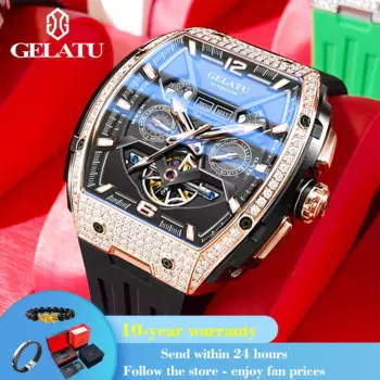 GELATU 6016, механические часы с большим циферблатом для мужчин, полые глубокие водонепроницаемые наручные часы с бриллиантами, силиконовый ремешок, автоматические мужские часы 2024