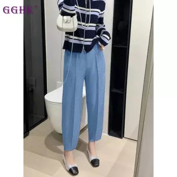 GGHK плиссированные женские повседневные брюки 2022, весна-осень, новые однотонные свободные брюки с высокой талией большого размера, складные женские брюки