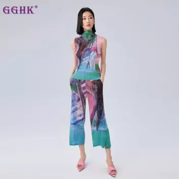 GGHK плиссированный женский жилет без рукавов из двух предметов с высоким воротом и принтом, модные повседневные свободные прямые брюки, новинка лета 2025 г., женский костюм