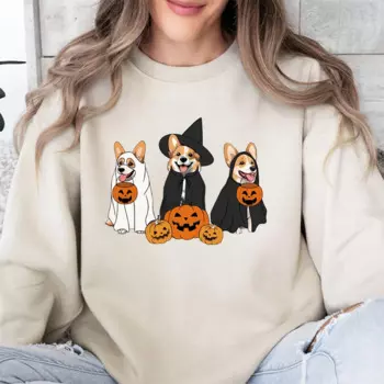 Ghost And Witch Corgi Goldendoodle Halloween Sweatshirt Dog Lover Halloween Gift Сute Ghost Women's Autumn Fall Long Sleeve Top