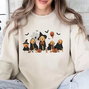 Ghost And Witch Goldendoodle Halloween Sweatshirt Dog Lover Halloween Gift Сute Puppy Ghost Bats Spooky Season Long Sleeve Top