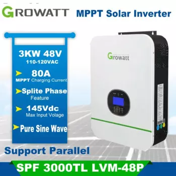 Гибридный инвертор Growatt 3000 Вт, 48 В, встроенный солнечный зарядный прибор с разделенной фазой, 80 А, Mppt, чистая синусоида, выход 120 В, поддержка Wi-Fi