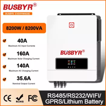 BUSBYR 8,2 кВт Гибридный солнечный инвертор Макс. PV 500 В 48 В до 230 В Двойной выход Встроенное солнечное зарядное устройство 160 А MPPT Вкл. Выкл. Режим работы в сети