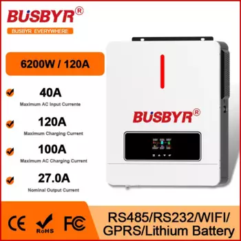 Гибридный солнечный инвертор BUSBYR, 6200 Вт/4200 Вт, кВт, MPPT 120A, В постоянного тока, ПВ, В переменного тока, 24 В постоянного тока, 48 В постоянного тока, кВт, кВт, В постоянного тока
