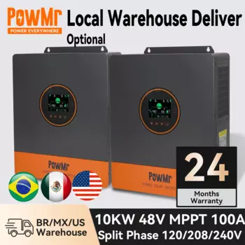 Гибридный солнечный инвертор PowMr 10 кВт, инвертор 48 В до 120 В, 208 В, 240 в, MPPT А, сплит-фаза, чистый синус на сетке, в одном покрытии