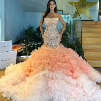 Гламурные платья русалки для выпускного вечера с жемчугом и блестками без бретелек, многоуровневые вечерние платья с рюшами и шлейфом, вечернее платье на заказ