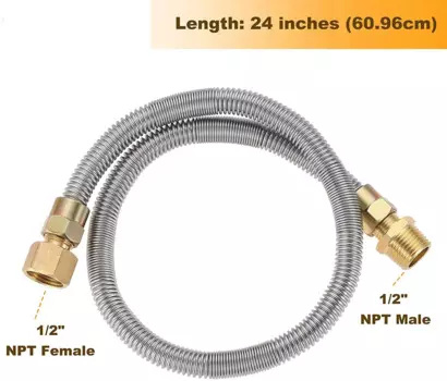 Гофрированная трубка для шланга, 24 дюйма, 3/8 дюйма, разъем «мама» x 3/8 дюйма, Латунный переходник «папа» x 1/2 дюйма, NPT «Папа/мама», газовый коннектор для камина