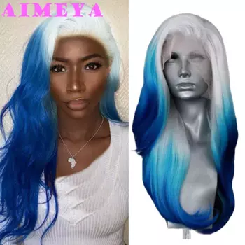 Голубой парик AIMEYA с эффектом омбре, парик с натуральными белыми и синими волнами, синтетические кружевные передние парики для женщин, парик для косплея на каждый день