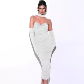 GORAFASHION Новое поступление облегающее Сетчатое лоскутное Бандажное платье с лямкой на шее элегантное платье и перчатки