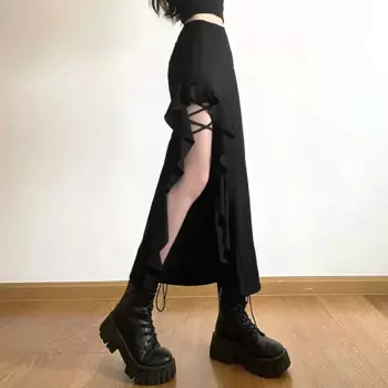 Готическая черная облегающая юбка средней длины с высокой талией E-Girl в стиле панк с оборками и разрезом юбки трапециевидной формы Y2K модная женская уличная одежда низ