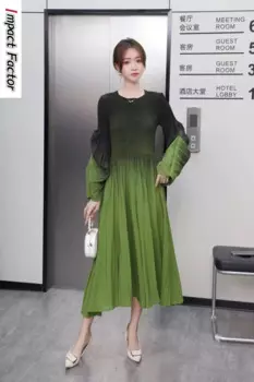 Градиентное плиссированное платье для женщин, элегантное женское банкетное платье с круглым вырезом, женское нишевое дизайнерское платье с рукавами, новинка 2024