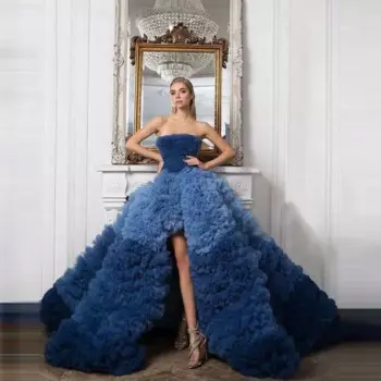 Градиентные синие тюлевые женские платья макси без бретелек с оборками красного цвета с разрезом спереди Длинное Пышное Платье с открытыми плечами