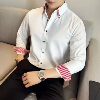 H421 Весеннее мужское повседневное платье-рубашка с длинными рукавами