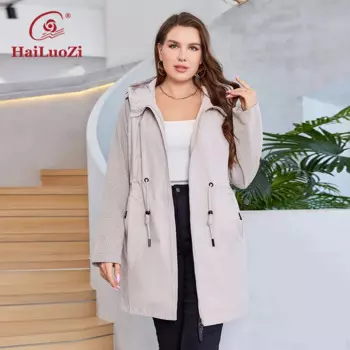 HaiLuoZi, новинка 2023, осенний женский плащ больших размеров, ветрозащитная женская одежда средней длины, женская куртка с капюшоном и завязками 730